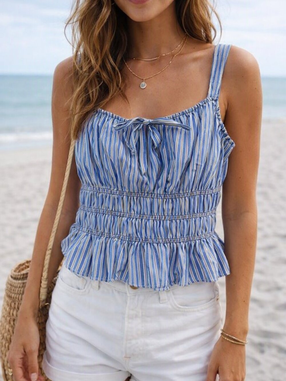 Frankee & Sylarr Blue Striped Smocked Ruffle Crop Top NWT